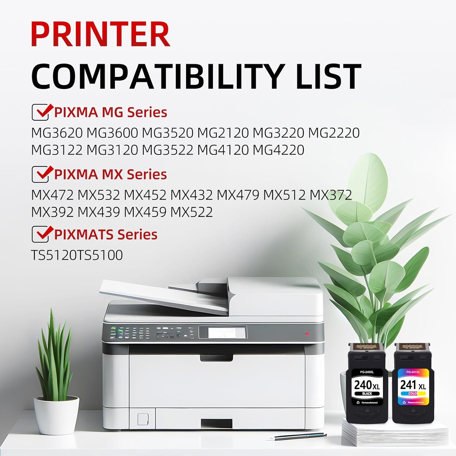 myCartridge Compatible Remanufactured Canon 240XL 241XL Ink Cartridge 2-Pack (Black, Color) | MG3620 MG3600 TS5120 MG3520 MG2120 MX472 | 630 Pages High Yield