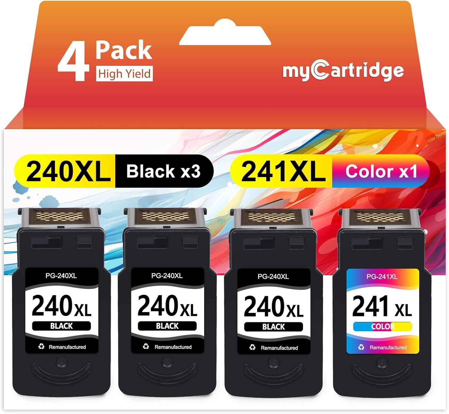 myCartridge Compatible Remanufactured Canon 240XL 241XL Ink Cartridge 4-Pack (3 Black, 1 Color) | MG2120 MG2220 MG3120 MG3220 MG3520 MG3620 MG4120 MG4220 MX372 MX392 TS5120 MX432 MX452 MX512 MX522 MX532