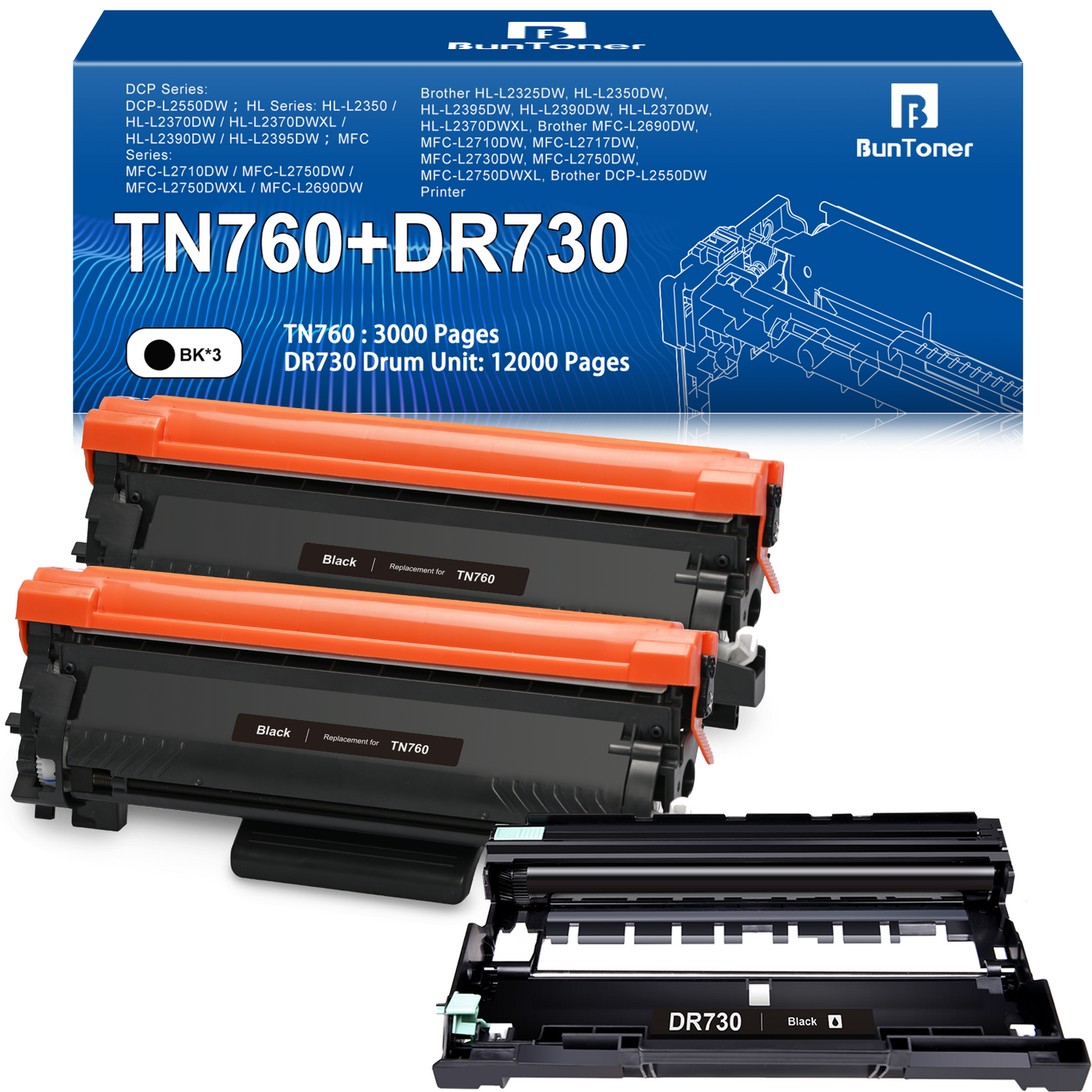 TN760 TN-760 Compatible Toner Cartridge Replacement for Brother TN730 TN-730 for MFC-L2710DW MFC-L2750DW HL-L2350DW HL-L2370DW Printer ( 2 Black Toner and 1 Drum Unit)
