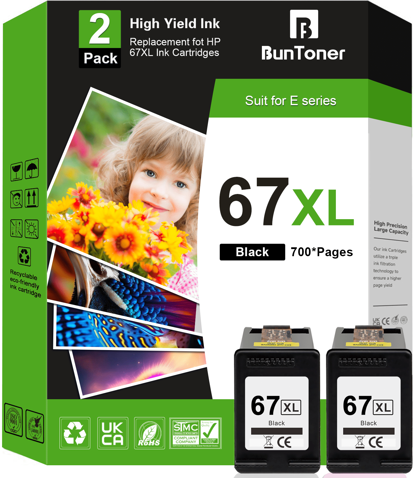 67XL Black Ink Cartridges Compatible for HP 67 Black Ink Cartridges for HP Ink 67, 2 Black