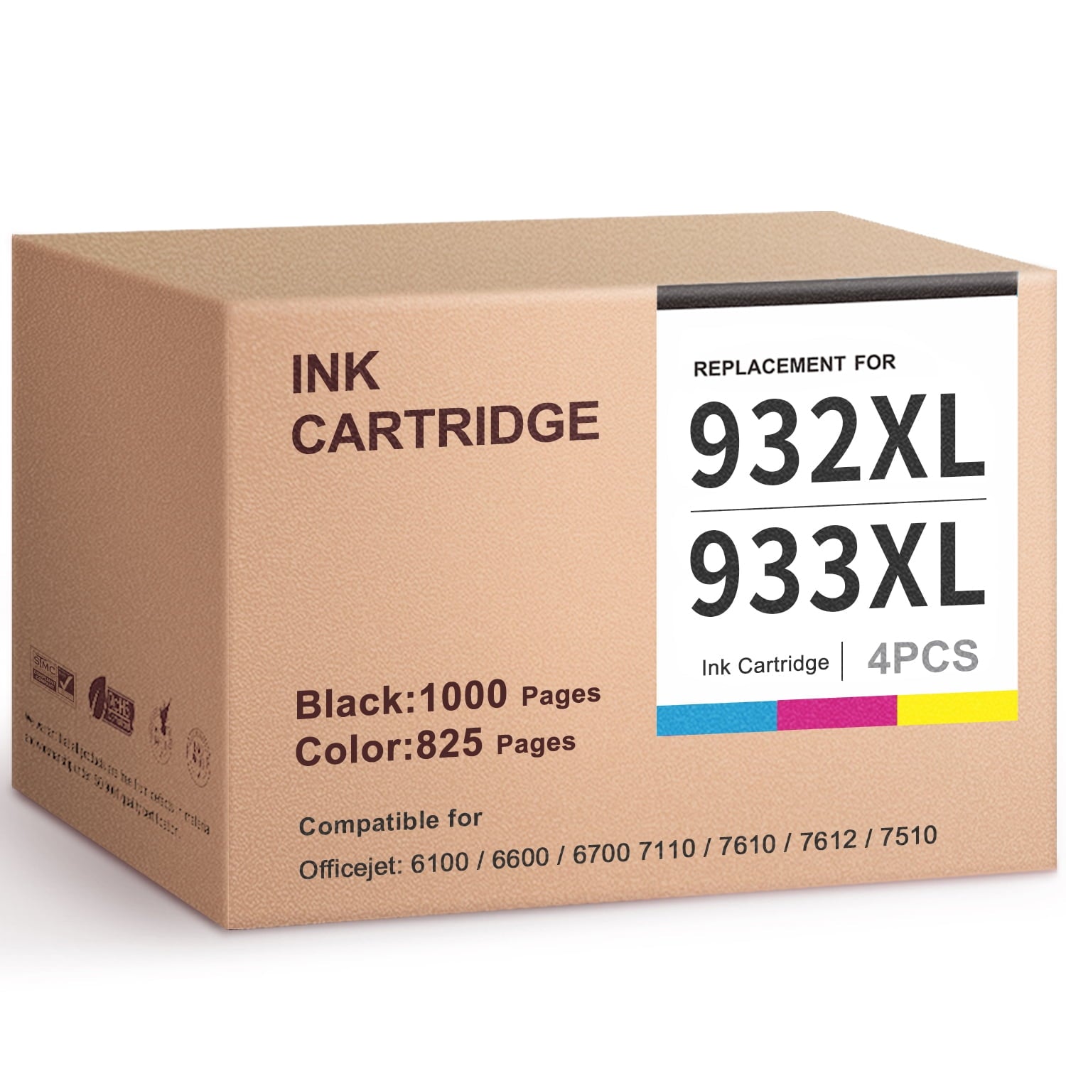 932XL 933XL Ink Cartridges Compatible for HP 932 and 933 XL Combo Pack for HP Officejet 6100 6600 6700 7110 7510 7610 7612 Printer (Black, Cyan, Magenta, Yellow)