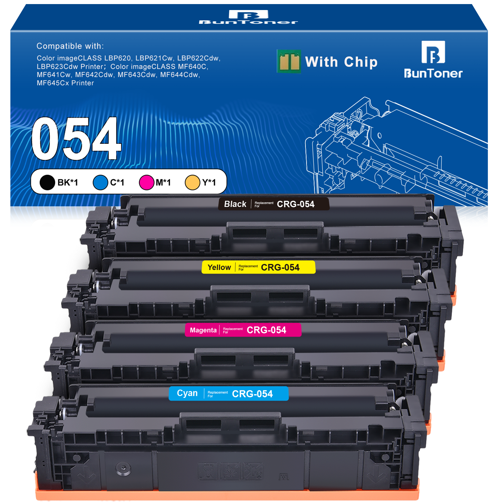 Canon 054 CRG054 Compatible Toner Cartridge（4Pack：Black,Cyan, Magenta,Yellow）