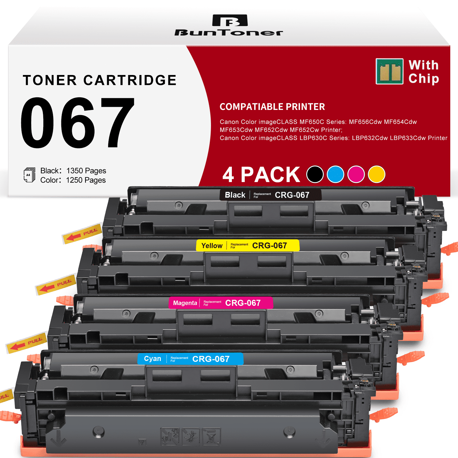 067 Toner Cartridge for Canon 067 067H CRG-067 Toner Cartridge for Canon ImageCLASS MF656Cdw MF654Cdw MF653Cdw MF652Cw MF650 LBP633Cdw LBP632Cdw LBP630 Printer (Black Cyan Magenta Yellow)