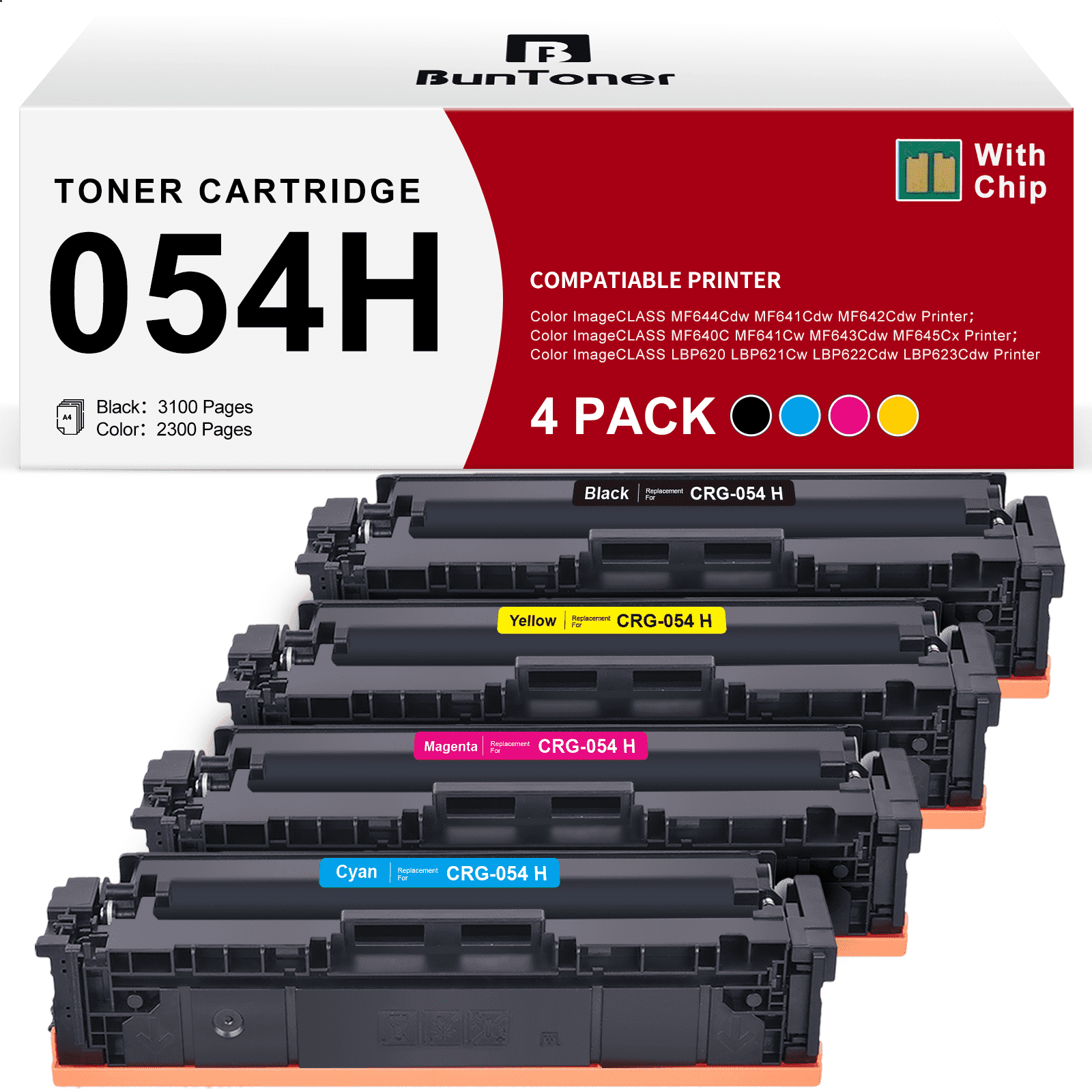 054H Toner Cartridges for Canon 054 054H for Color imageCLASS MF644Cdw MF642Cdw MF643Cdw LBP622Cdw Printer (Black/ Cyan/ Magenta/ Yellow, 4-Pack