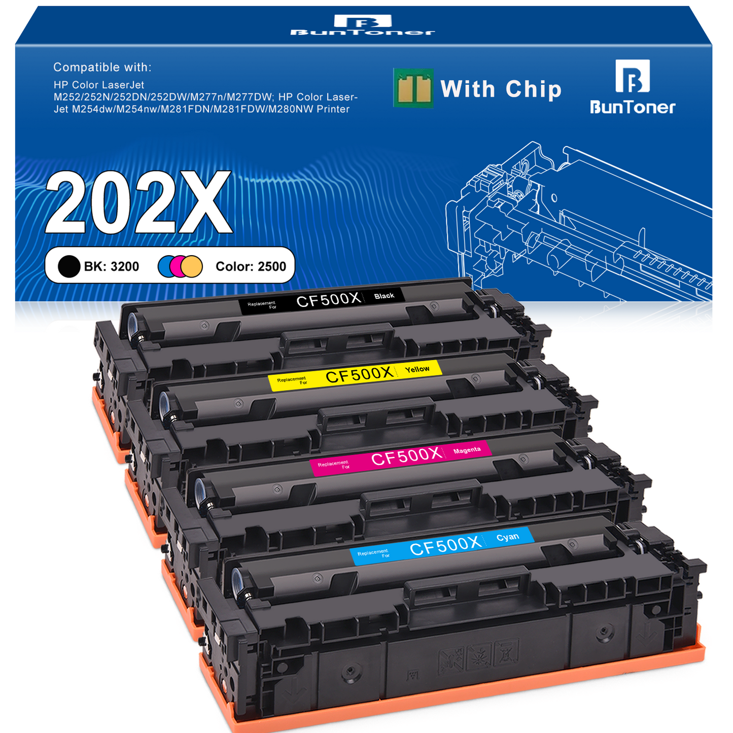 202X Toner Cartridge Compatible for HP 202X 202A CF500X CF500A for Color LaserJet M252/M277DW/M254dw Printer (4-Pack)