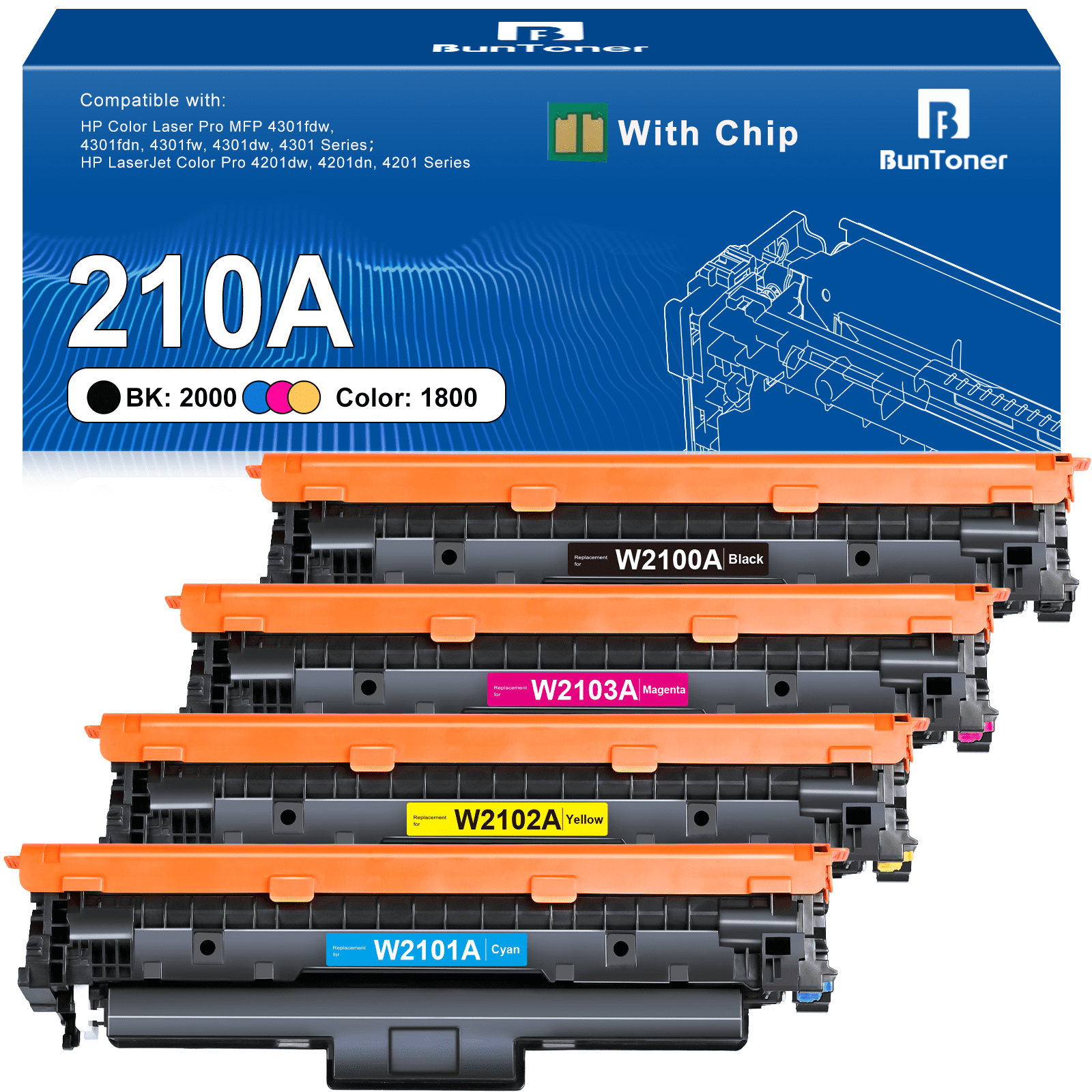 210A Toner 4 Pack (With Chip) Compatible for HP 210A 210X Toner Cartridge Set (Black,Cyan,Magenta,Yellow)