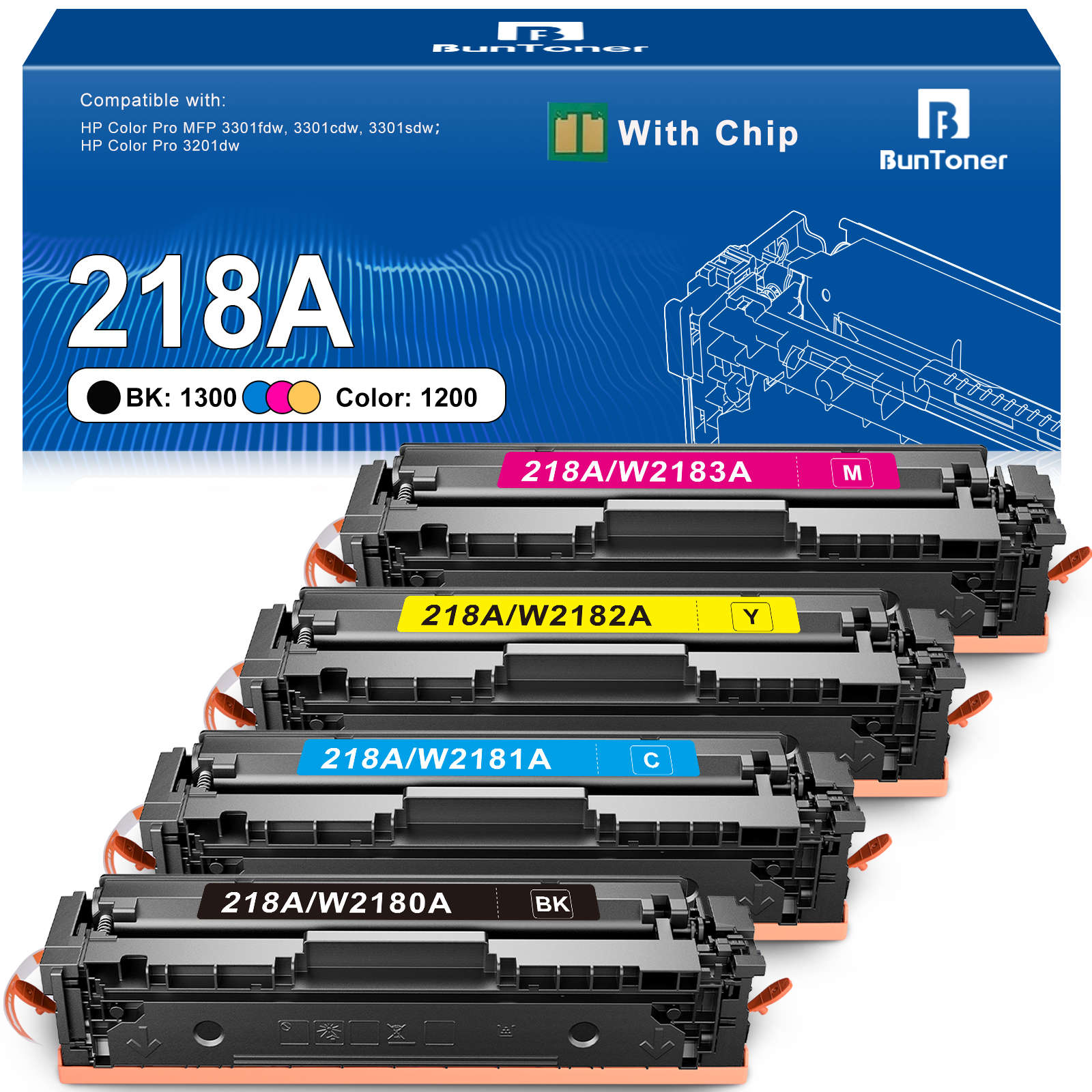218A Toner Cartridges 4 Pack with chip Compatible for HP 218A 218X 218 Color MFP 3301fdw 3201dw 3301sdw 3301cdw Laserjet Printer Ink Set W2180A W2180X (Black Cyan Yellow Magenta)
