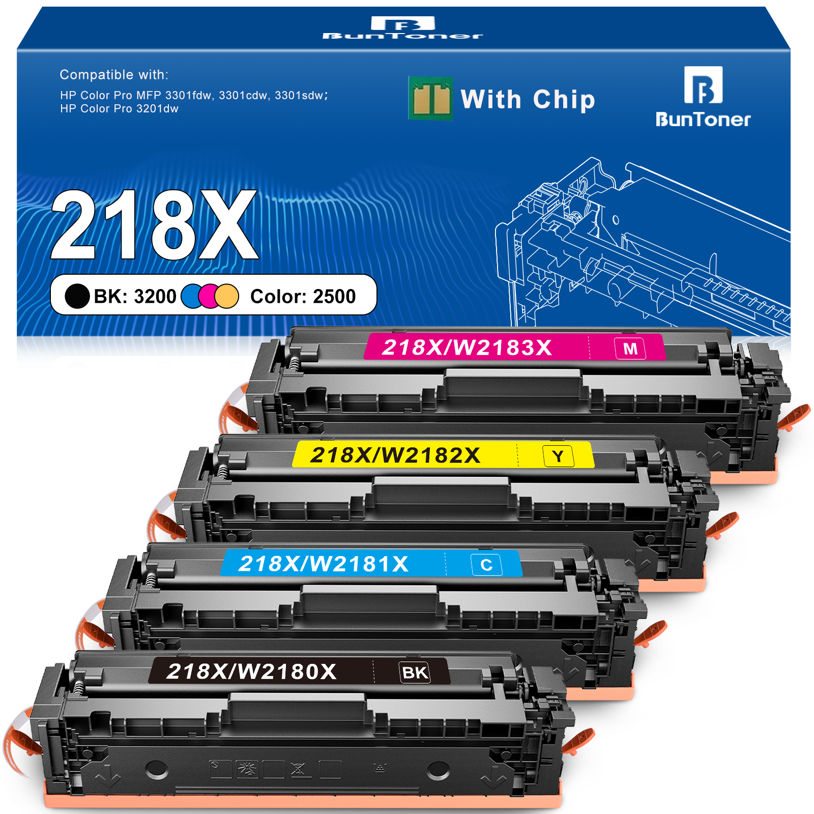 218X Toner Cartridges 4 Pack with chip Compatible for HP 218A 218X 218 Color MFP 3301fdw 3201dw 3301sdw 3301cdw Laserjet Printer Ink Set W2180A W2180X (Black Cyan Yellow Magenta)