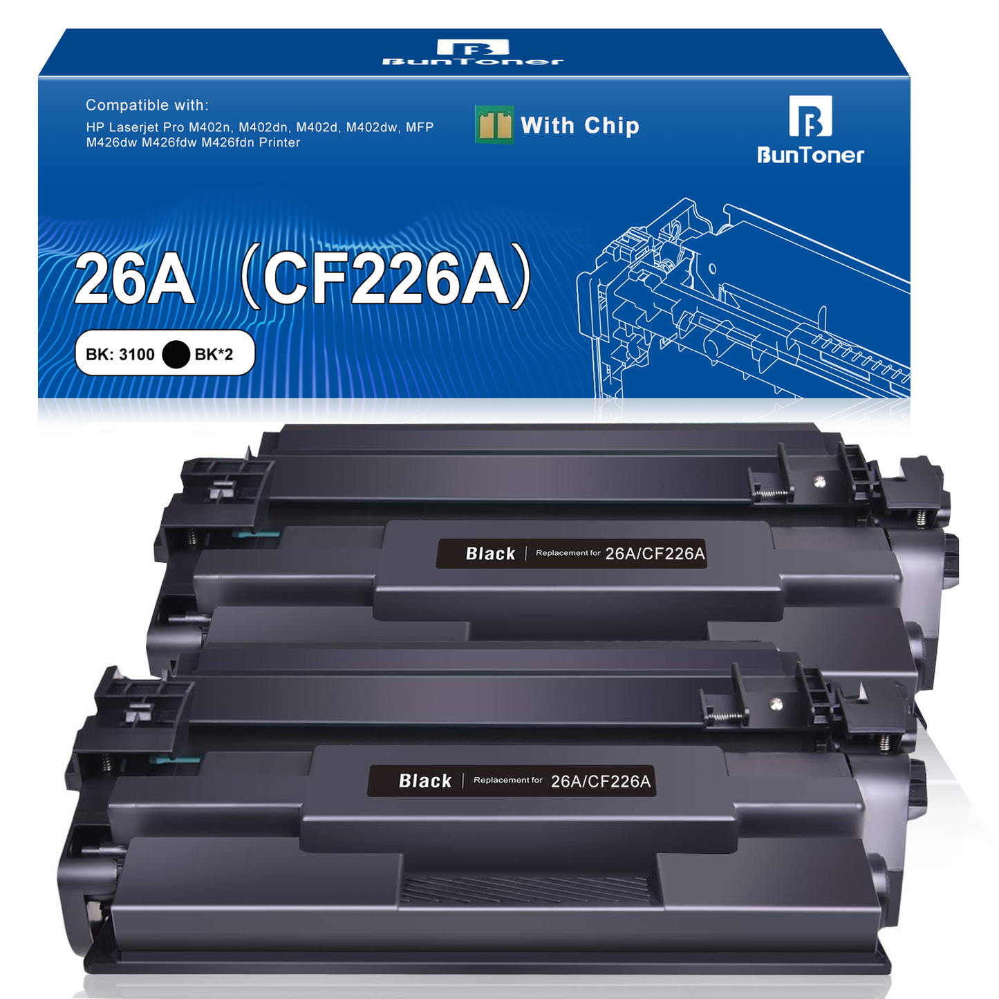 26A Toner Cartridges Compatible for HP 26A CF226A 26X CF226X for Laserjet Pro M402n M402dn M402dw MFP M426fdw M426dw Printer (2 Black)