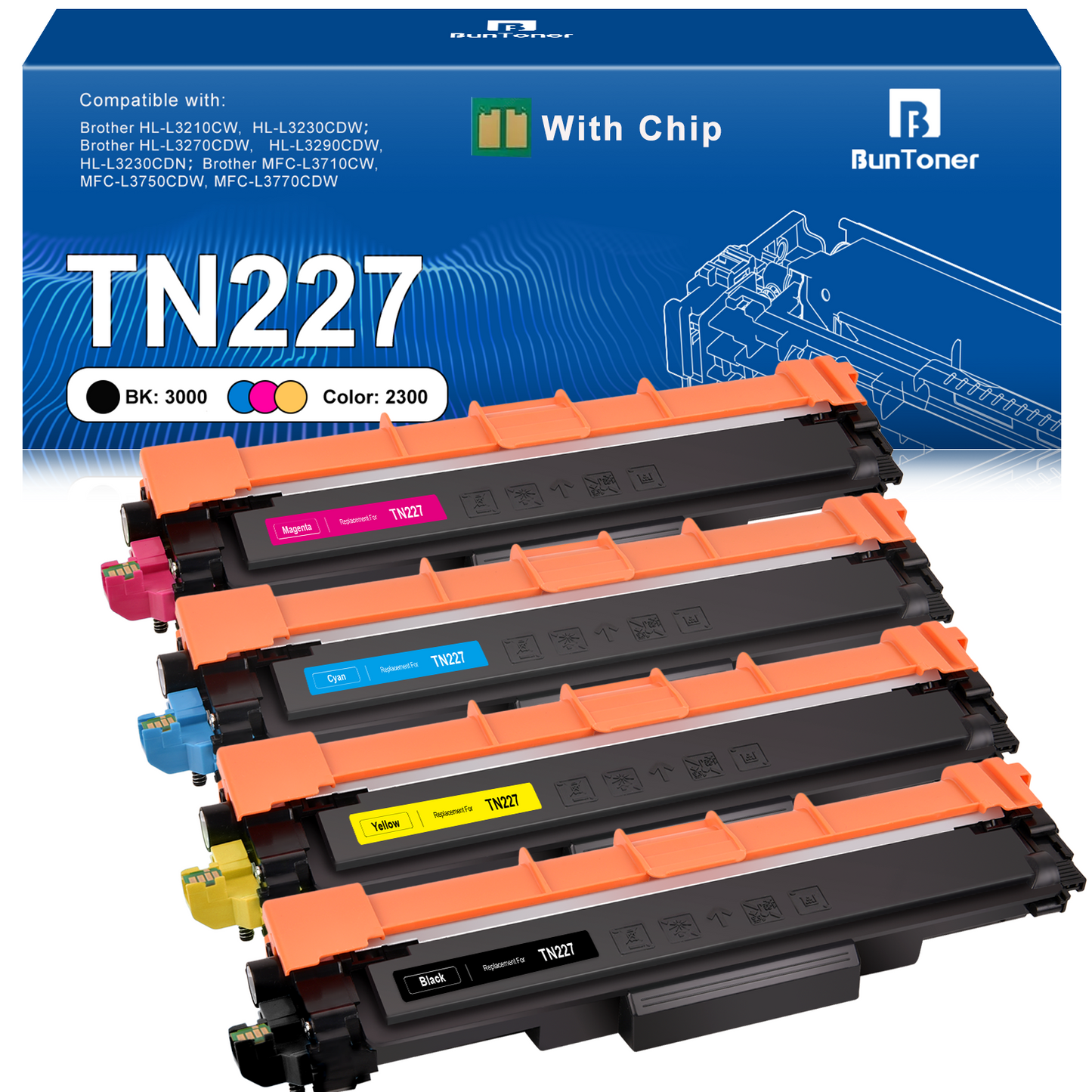 TN227 TN223 Toner Cartridge Replacement for Brother TN-227 TN-223 for Use with HL-L3290CDW HL-L3210CW MFC-L3750CDW MFC-L3710CW Printer (Black, Cyan, Magenta, Yellow)