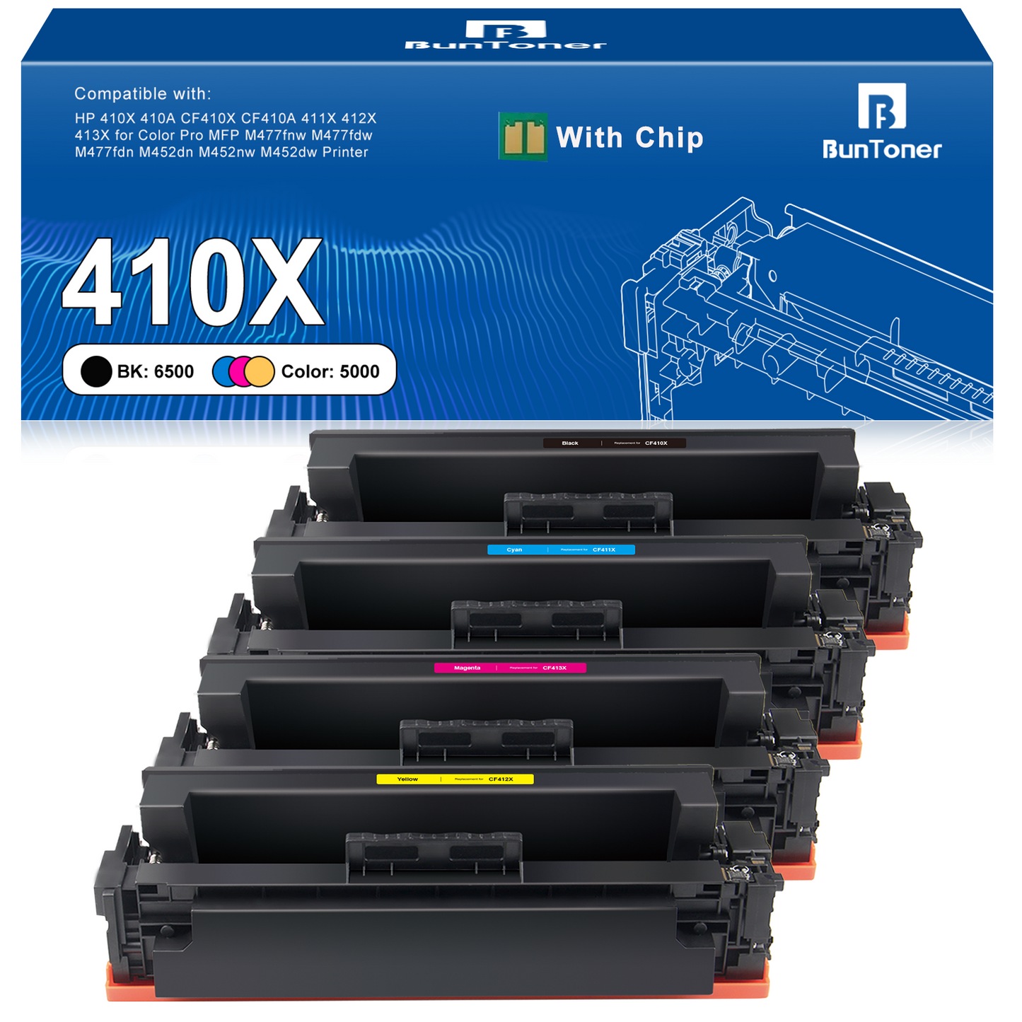 410X Toner Cartriges Compatible for HP 410A 410X CF410A CF410X 411X 412X 413X for Color Pro MFP M477fnw M477fdw M477fdn M452dn M452nw M452dw Printer£¨Black, Cyan, Yellow, Magena, 4-Pack)