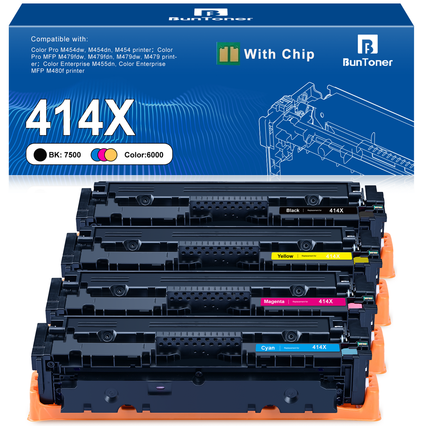 414X Toner Cartridges 4-Pack High Yield (with Chip) Compatible for HP 414X W2020X 414A Toner Cartridges (Black, Cyan, Magenta, Yellow)