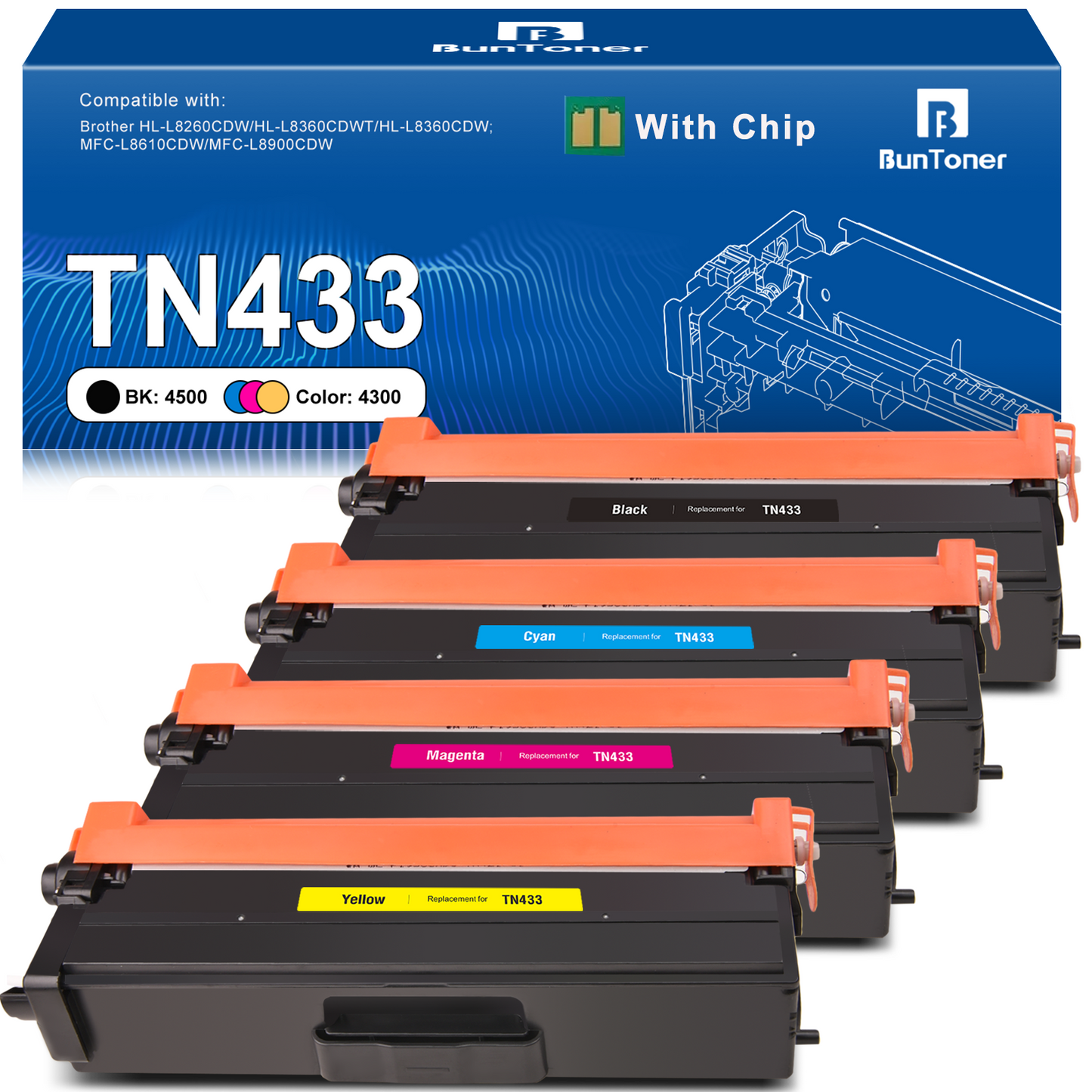 TN433 Toner Cartridge Replacement for Brother TN433 TN436 for Printer HL-L8260CDW/HL-L8360CDWT/HL-L8360CDW; MFC-L8610CDW/MFC-L8900CDW-(Black, Cyan, Magenta, Yellow, 4Pack)