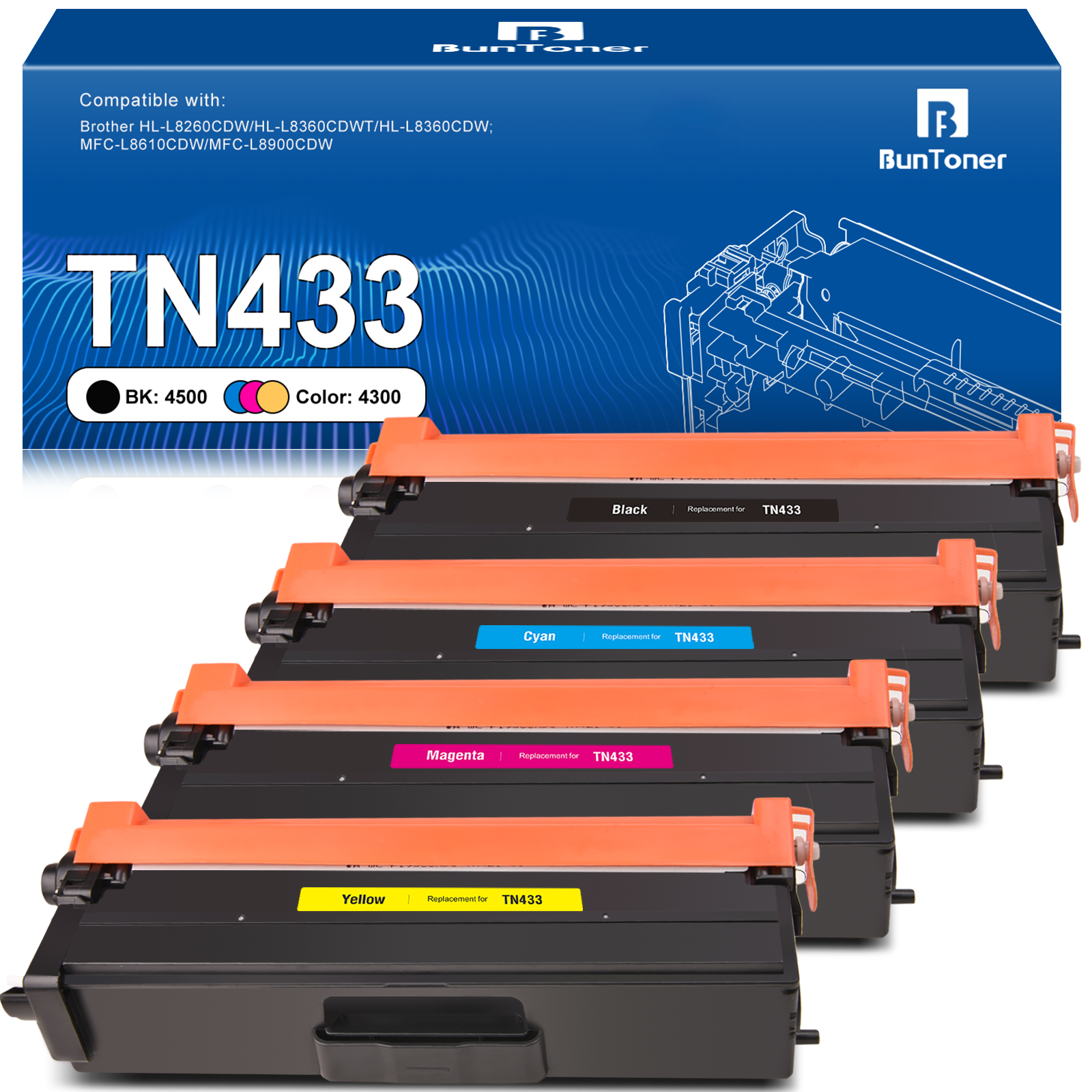 TN433 Toner Cartridge Replacement for Brother TN433 TN436 for Printer HL-L8260CDW/HL-L8360CDWT/HL-L8360CDW; MFC-L8610CDW/MFC-L8900CDW-(Black, Cyan, Magenta, Yellow, 4Pack)