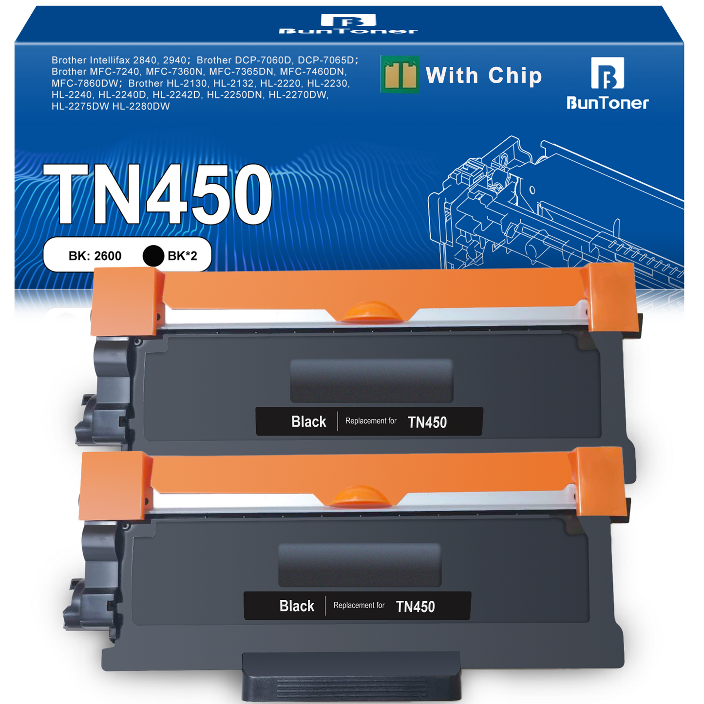 TN450 Toner Cartridge Compatible for Brother TN450 TN-450 TN420 for HL-2270DW HL-2280DW HL-2240 MFC-7860DW MFC-7360N Intellifax 2840 2940 Printer, 2 Black