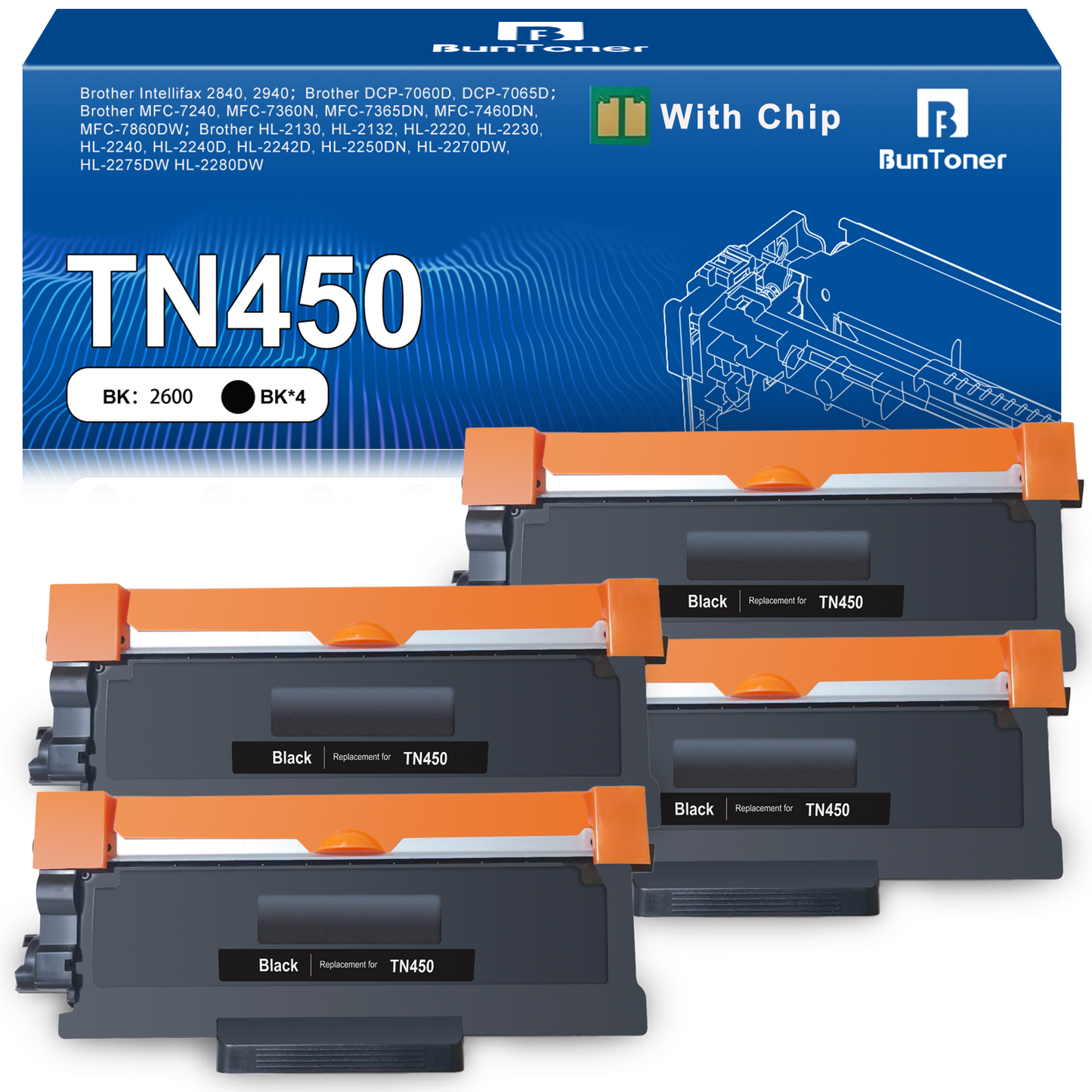 TN450 Toner Cartridge Replacement for Brother TN450 TN420 TN-450 for HL-2270DW HL-2280DW HL-2240 MFC-7860DW MFC-7360N DCP-7065DN MFC-7860DW Printer, 4 Black