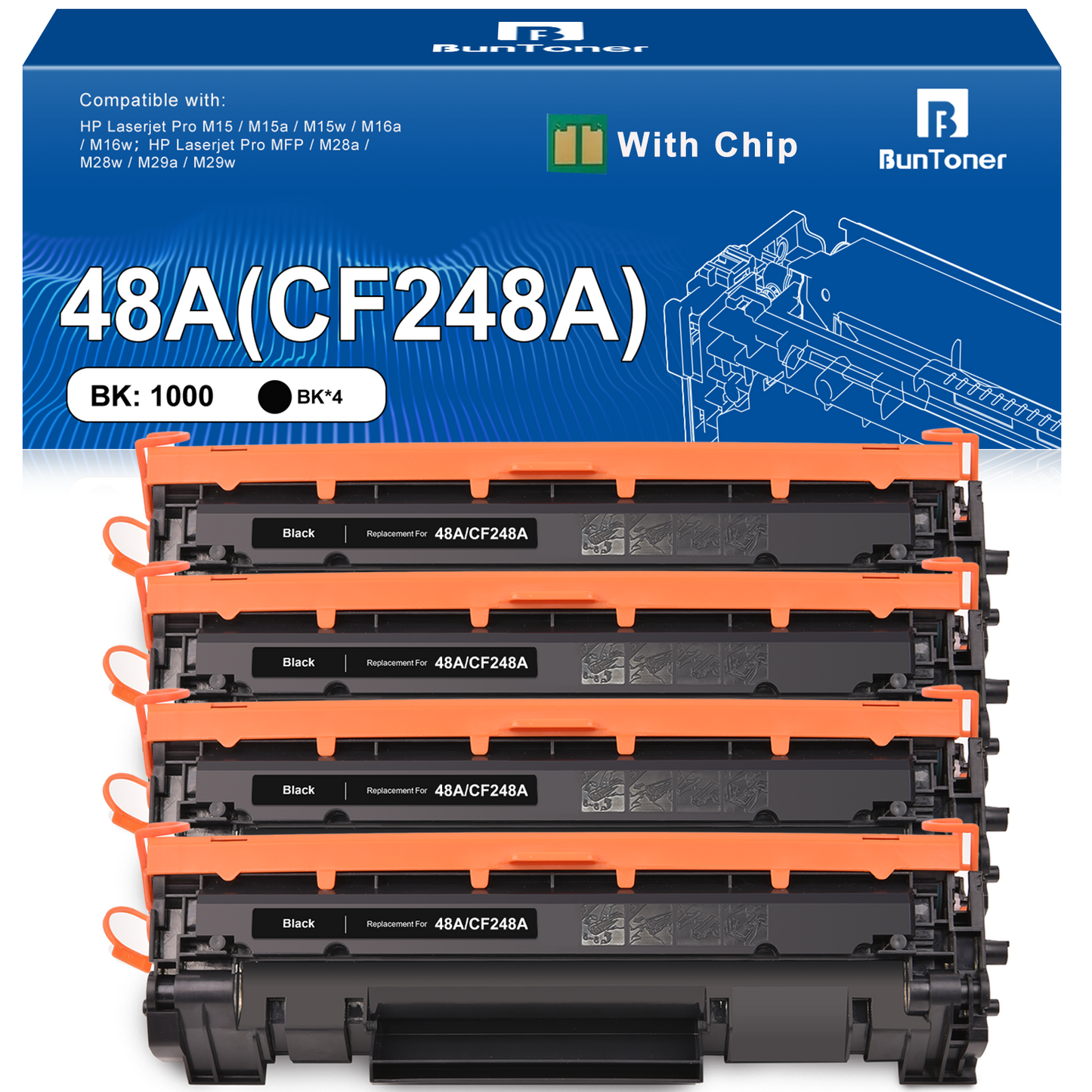 48A Toner Cartridge Compatible for HP 48A CF248A for Laserjet Pro M15w M15a M16w M16a MFP M29w M29a M28w M28a Printer (4 Black)