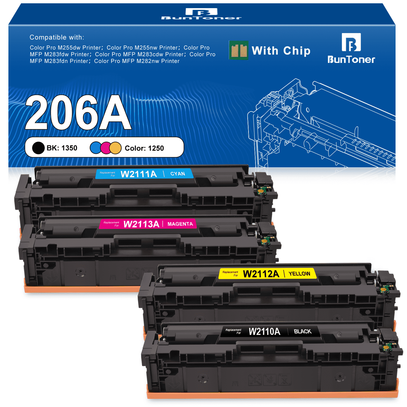 206A Toner Cartridges (With Chip) Compatible for HP 206A Toner Cartridges for 206A W2110A Toner Cartridge for HP Color Laserjet Pro MFP M283fdw (4 Pack)