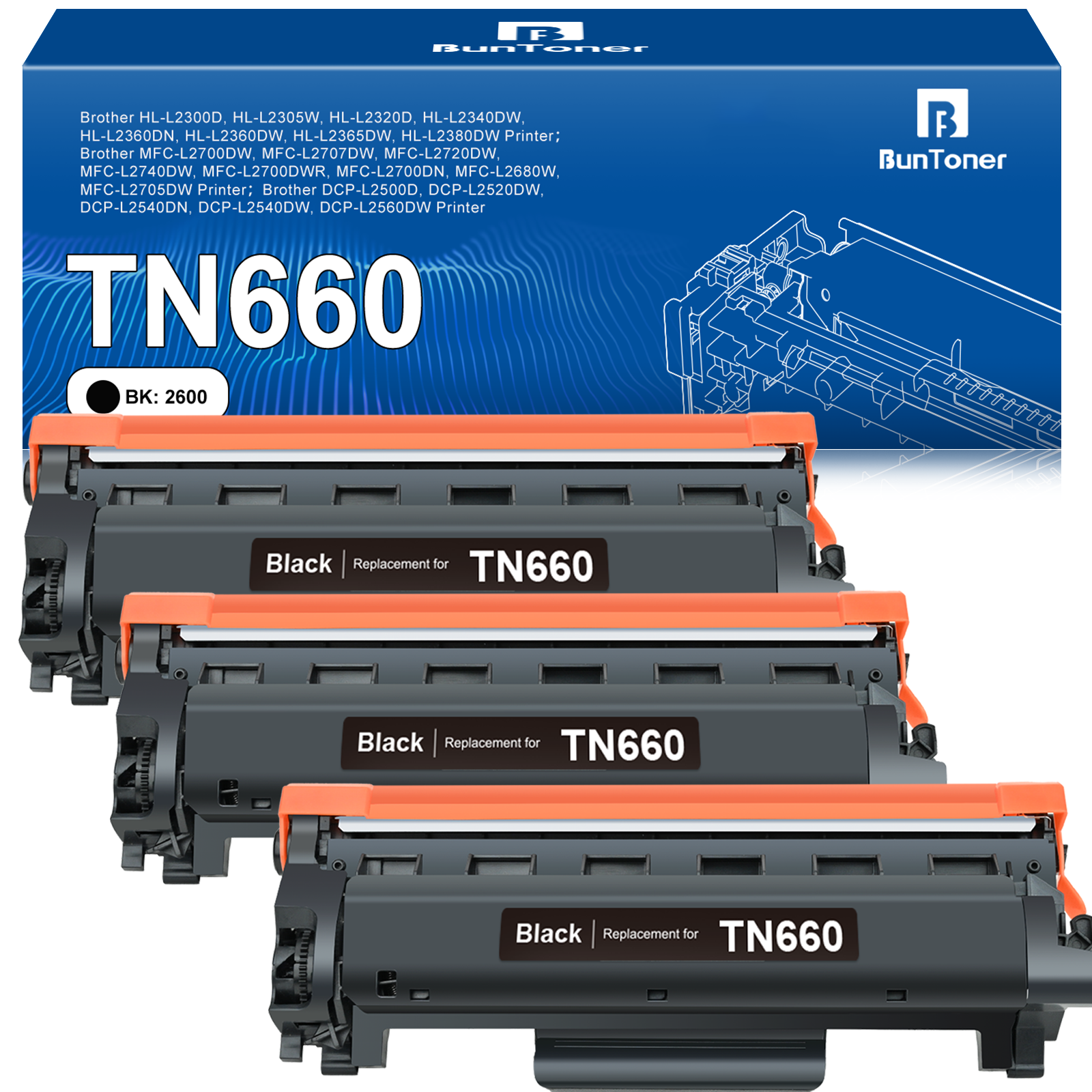 TN660 Toner Cartridge Replacement for Brother TN-660 TN-630 TN630 for HL-L2300D HL-L2380DW HL-L2320D HL-L2340DW DCP-L2540DW MFC-L2700DW Printer, 3 Black