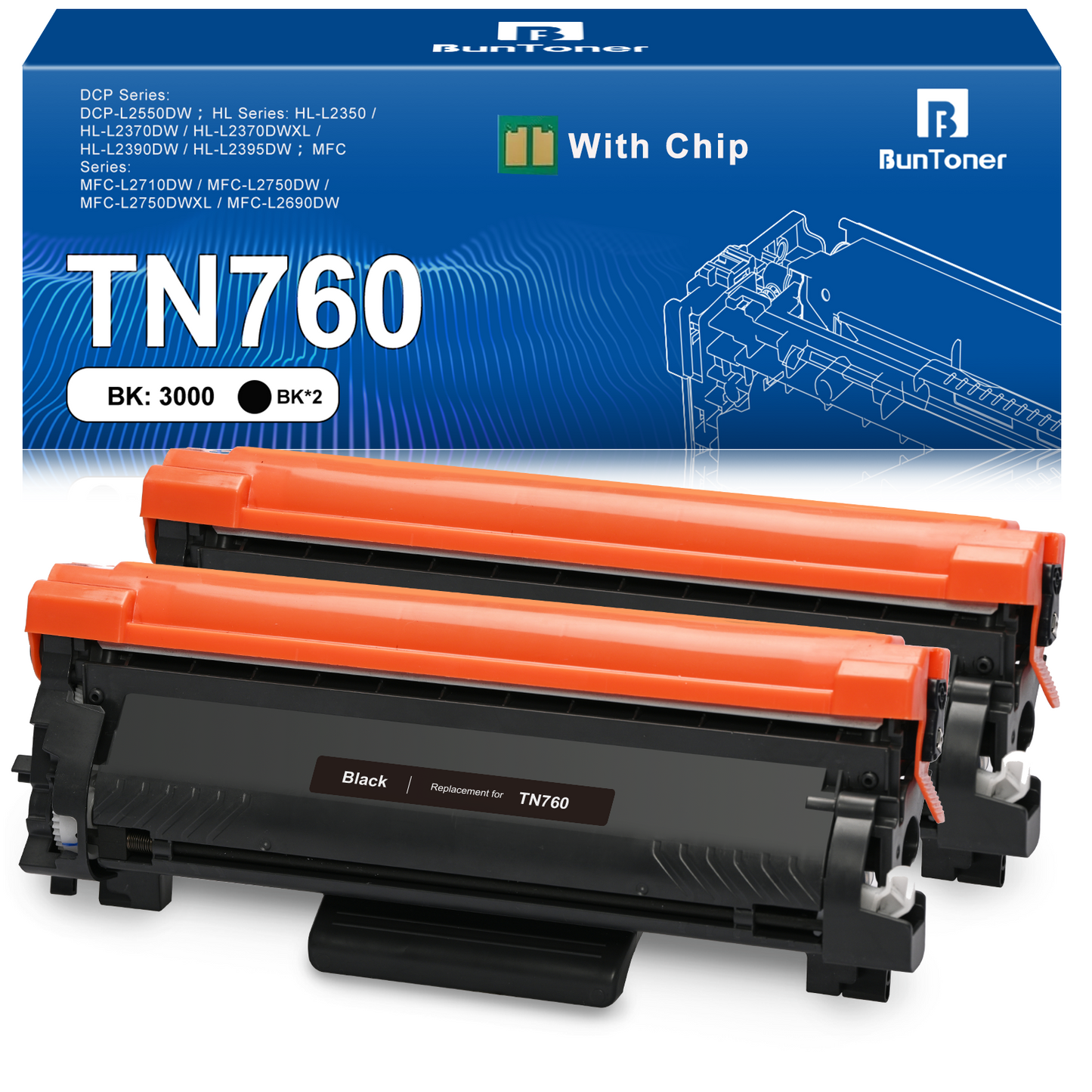 TN760 TN-760 Toner Cartridge Replacement for Brother TN760 TN730 TN-730 for MFC-L2710DW MFC-L2750DW HL-L2350DW HL-L2370DW Printer, 2 Black