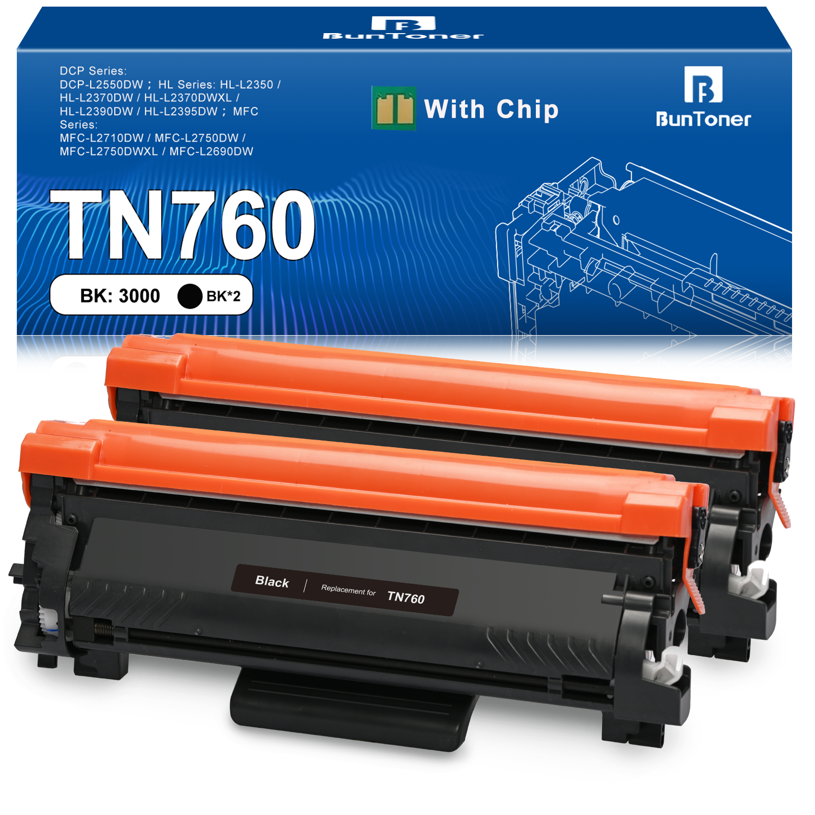 TN760 TN-760 Toner Cartridge Replacement for Brother TN760 TN730 TN-730 for MFC-L2710DW MFC-L2750DW HL-L2350DW HL-L2370DW Printer, 2 Black