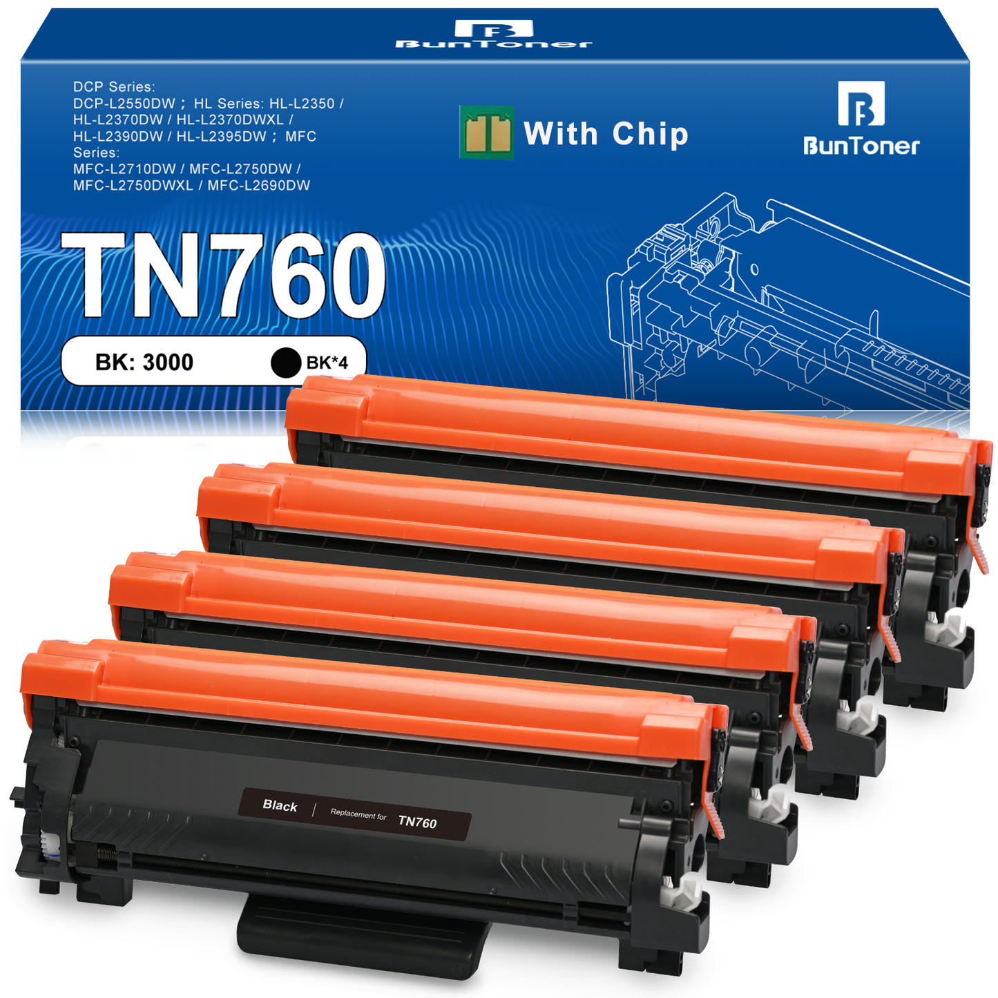 TN760 Toner Cartridge Replacement for Brother Toner TN760 TN730 TN-760 TN-730 for MFC-L2710DW HL-L2370DW HL-L2350DW DCP-L2550DW Printer (4 Black)