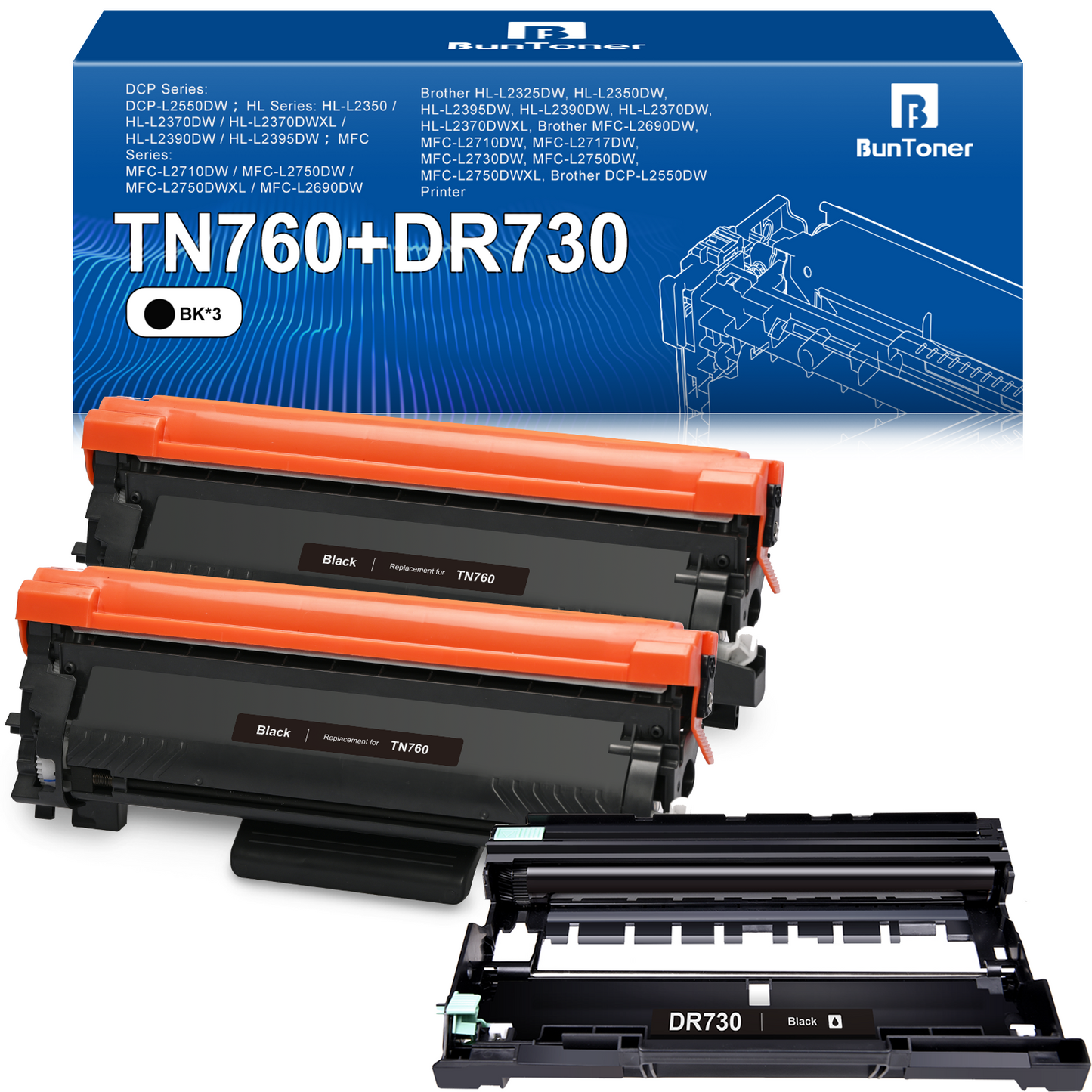 TN760 TN-760 Compatible Toner Cartridge Replacement for Brother TN730 TN-730 for MFC-L2710DW MFC-L2750DW HL-L2350DW HL-L2370DW Printer ( 2 Black Toner and 1 Drum Unit)