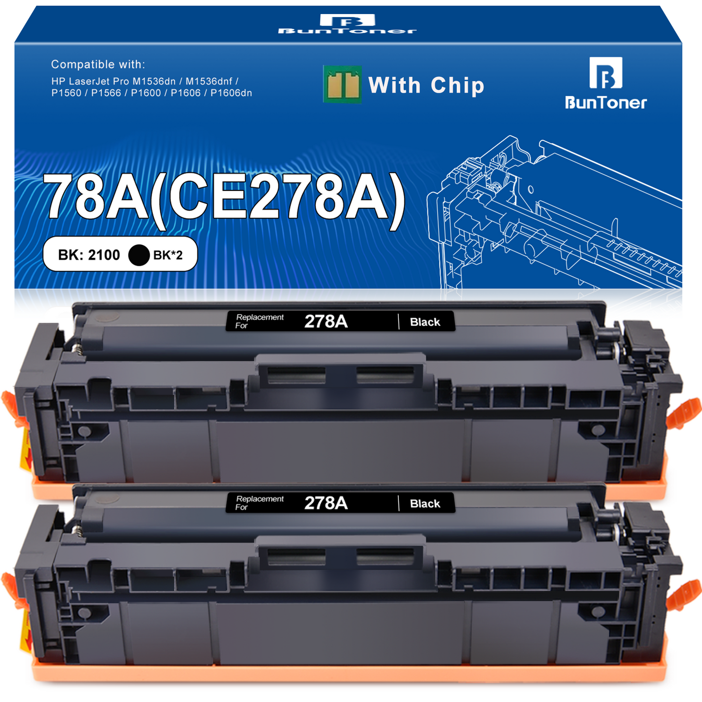 78A CE278A Toner Cartridge Compatible for HP 78A CE278A 278A Toner Cartridge for HP P1606dn 1536dnf MFP M1536dnf 1606dn P1606 P1566 P1560 Printer (Black, 2-Pack)