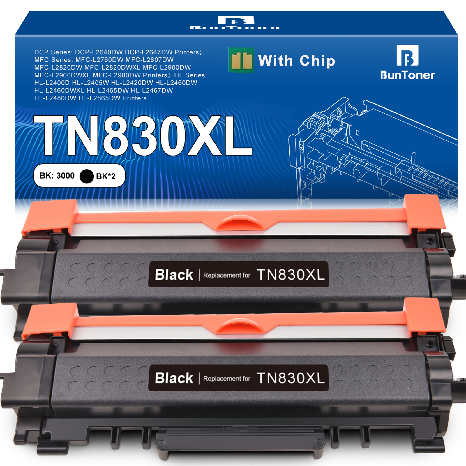 TN830XL TN830 Toner Cartridge for Brother TN830XL TN-830XL TN830 Toner Cartridge for Brother DCP-L2640DW HL-L2460DW HL-L2405W HL-L2400D HL-L2480DW MFC-L2820DW Printer (2 Black)