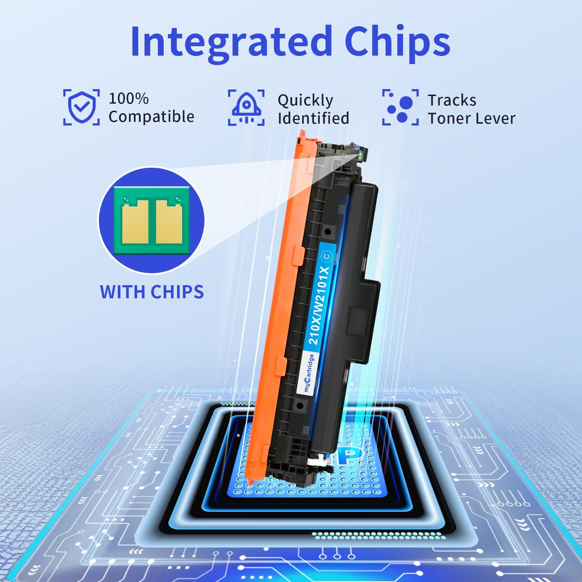 HP 210X compatible toner cartridge pre-installed firmware compatible chip close-up – no chip transfer needed