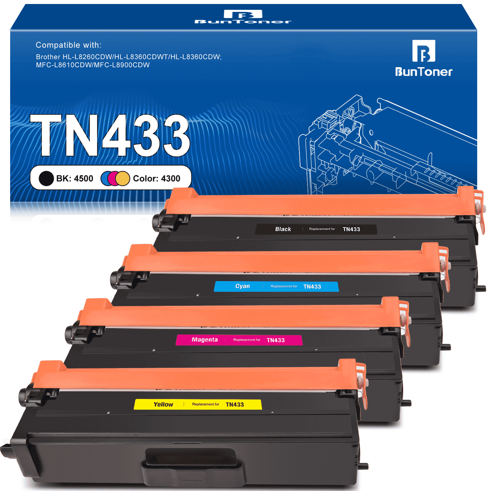 TN433 Toner Cartridge Compatible for Brother TN433 TN-433 TN431 TN436 for Brother HL-L8360CDW MFC-L8610CDW HL-8260CDW L8360CDWT Printer (4Pack)