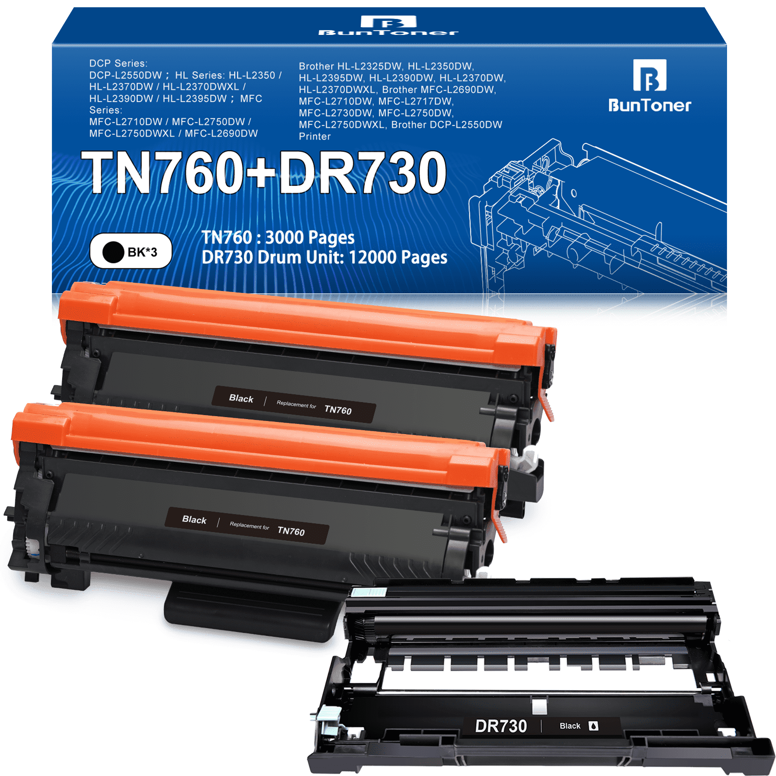 TN760 TN-760 Toner Cartridge Replacement for Brother 760 TN760 TN-730 for MFC-L2710DW MFC-L2750DW HL-L2350DW HL-L2370DW Printer ( 2 Black Toner and 1 Drum Unit)