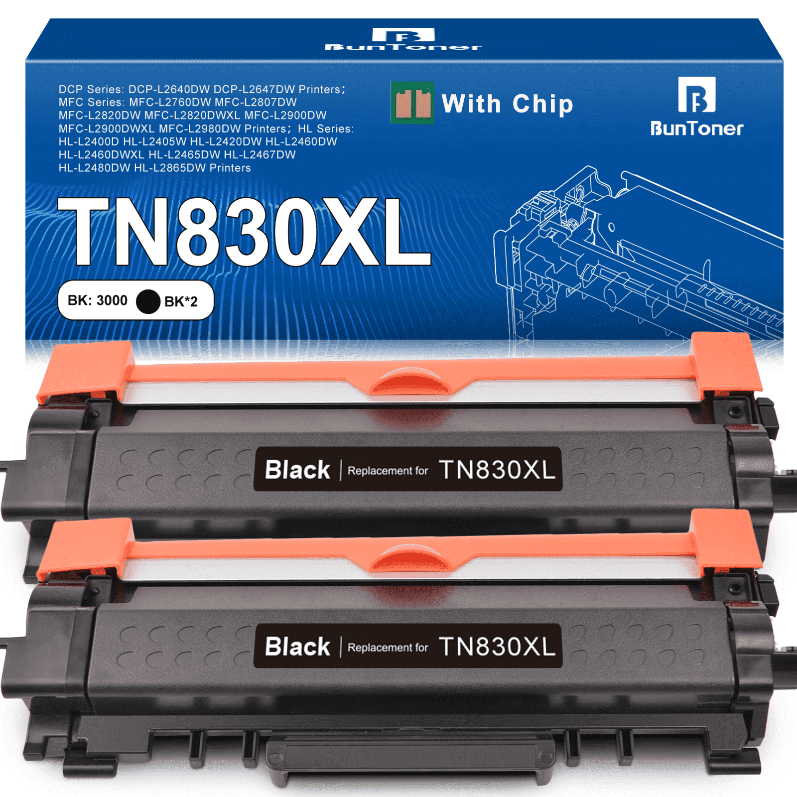 TN830XL TN830 Toner Cartridge Compatible for Brother TN830XL TN830 Black High Yield Toner Cartridge for Brother Toner TN830 (2 Black)