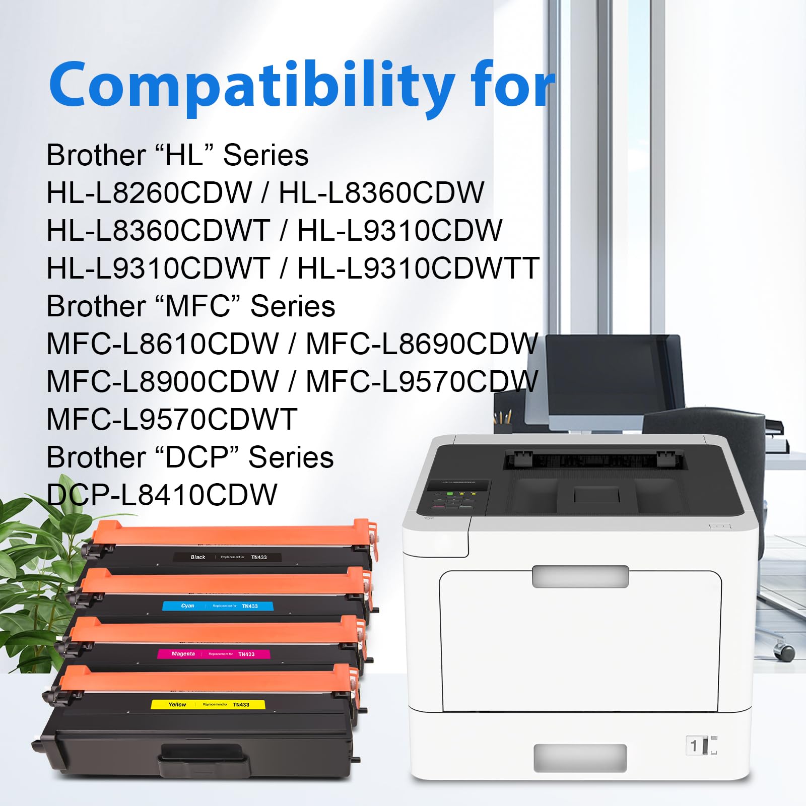 Brother TN433 Compatible Toner Cartridge （4Pack：Black, Cyan, Magenta, Yellow)