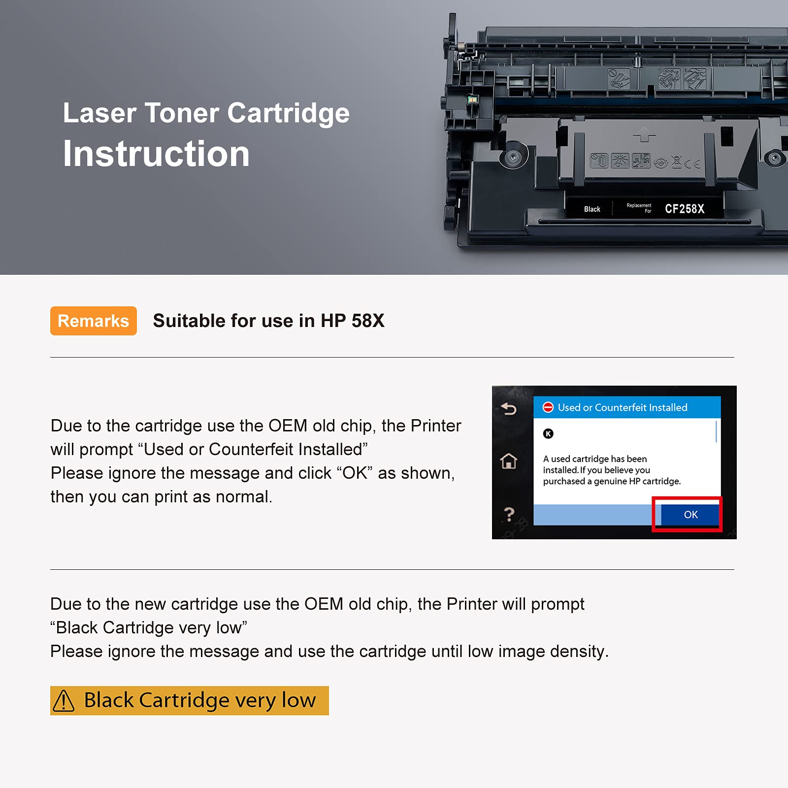 HP 58A CF258A Compatible Toner Cartridge With Chip（1 Black)